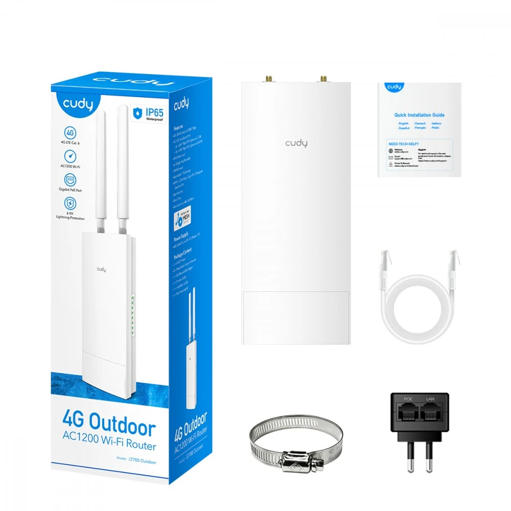 „Cudy“ vidinis/išorinis 4G Cat 6 AC1200 Wi-Fi maršrutizatorius, LT700 lauko 1.0 belaidis maršrutizatorius, gigabito eterneto dviejų dažnių (2,4 GHz / 5 GHz) Baltas