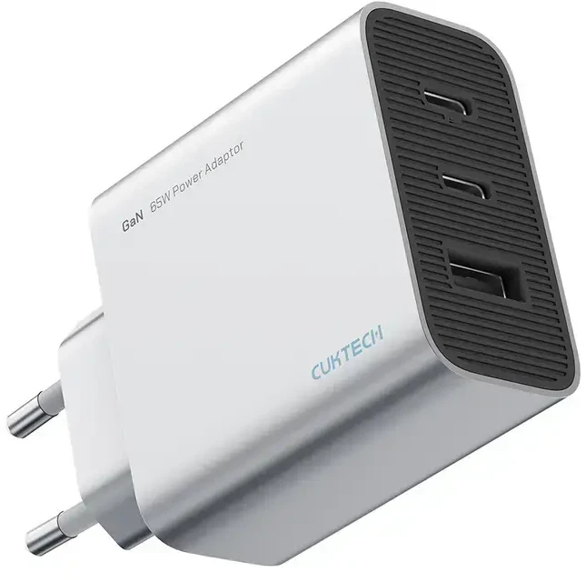 Cuktech 65 W GaN 2 x USB-C 1 x USB-A sieninis įkroviklis – pilkas