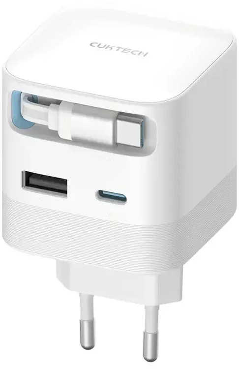 Cuktech AD653W 67W GaN 2x USB-C + USB-A sieninis įkroviklis su 70 cm ištraukiamu USB-C laidu – baltas