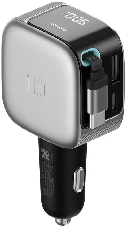 Cuktech CC903P 100 W automobilinis įkroviklis su ekranu ir 70 cm ištraukiamu USB-C laidu – pilkas