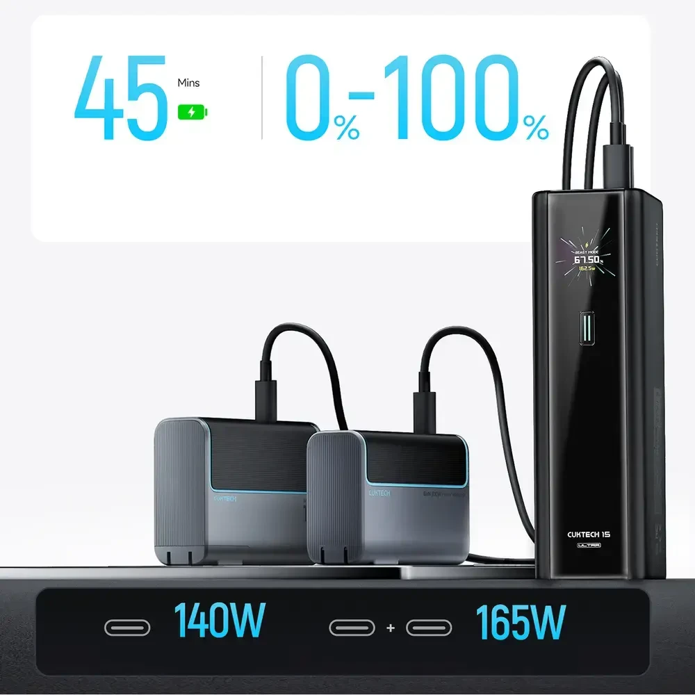 Cuktech PB200U Powerbank 210W 20000mAh 2x USB-C + USB-A with TFT display and 240W USB-C cable - juodas