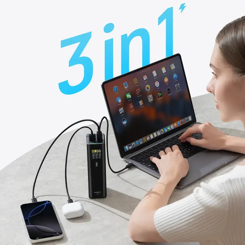 Cuktech PB200U Powerbank 210W 20000mAh 2x USB-C + USB-A with TFT display and 240W USB-C cable - juodas