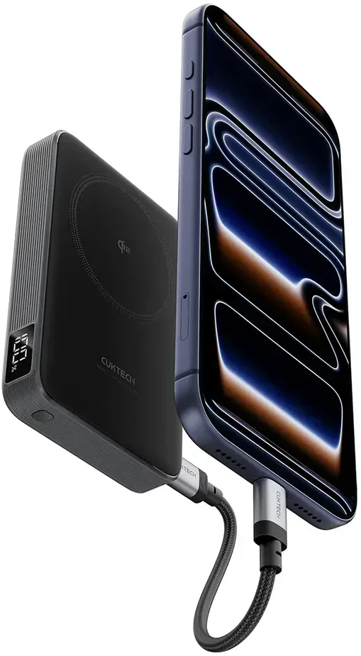 Cuktech WPB100 10000 mAh Qi2 magnetinė išorinė baterija 30W su stovu – juoda
