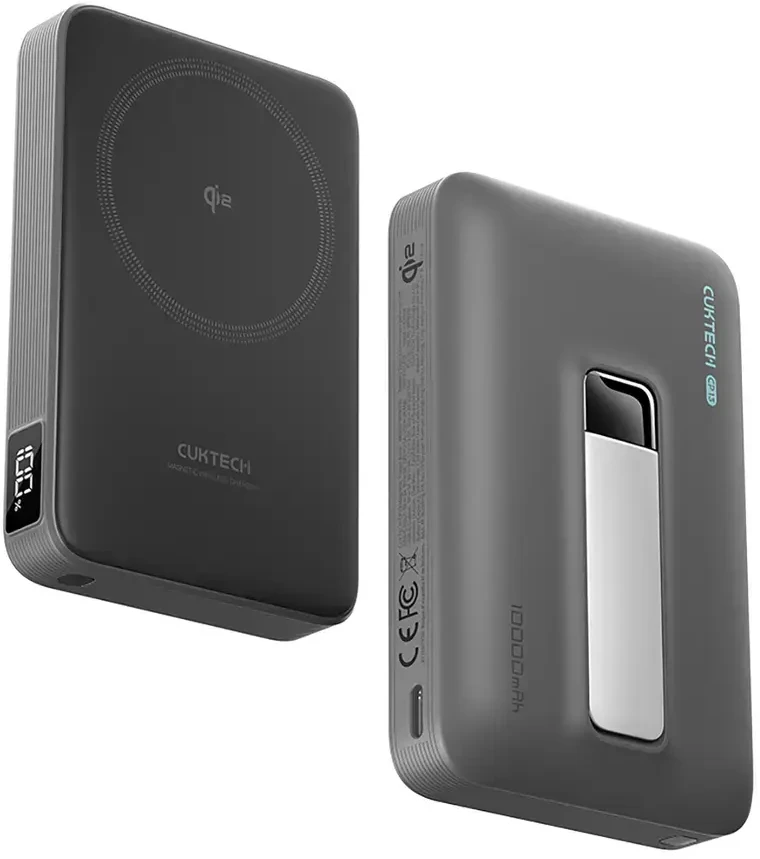 Cuktech WPB100 10000 mAh Qi2 magnetinė išorinė baterija 30W su stovu – juoda