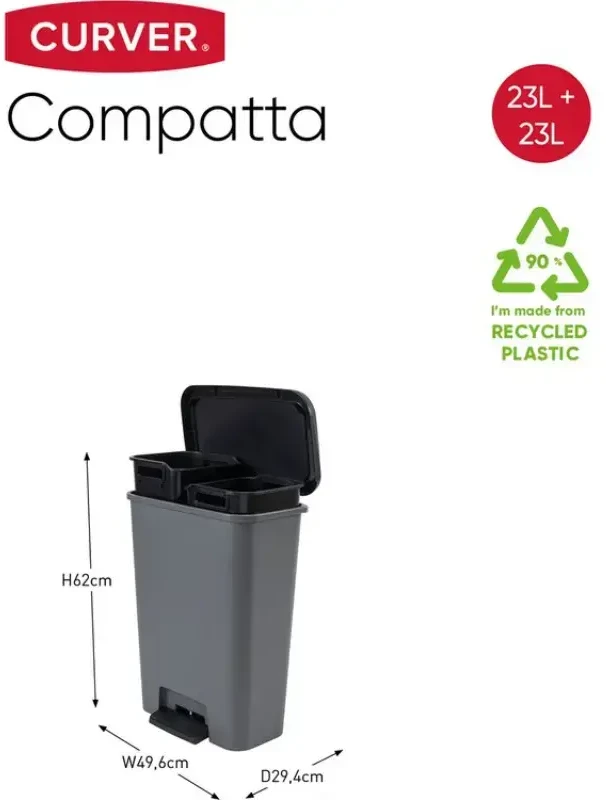 Šiukšliadėžė CURVER COMPACT DUO, pilka, 46 l