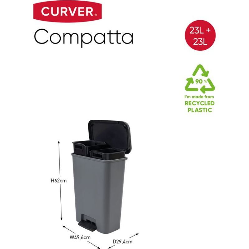 Šiukšliadėžė CURVER COMPACT DUO, pilka, 46 l