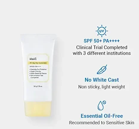 Dear Klairs Klairs All-Day Airy Sunscreen SPF 50+PA++++ apsauginis veido kremas nuo saulės, 50 g