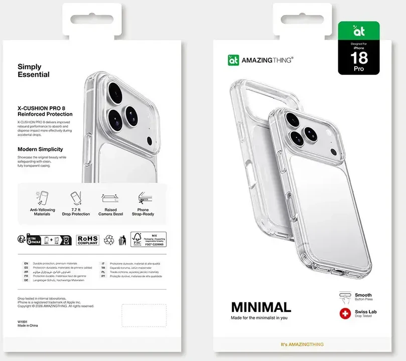 AmazingThing Minimal Drop Proof dėklas su 3 objektyvų išpjovomis iPhone 18 Pro – permatomas