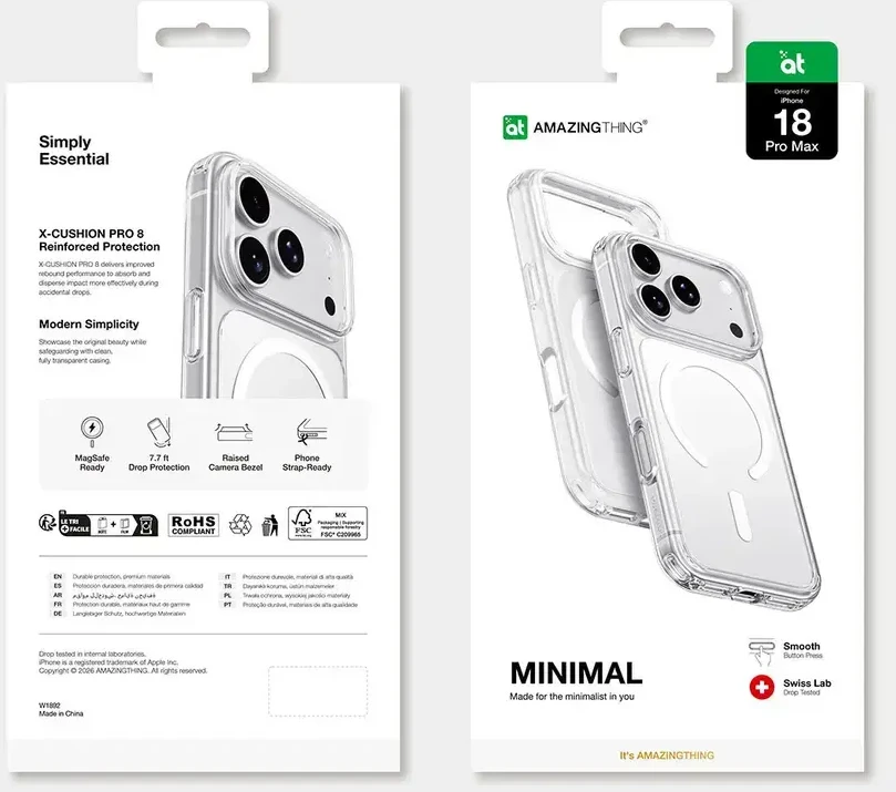 Dėklas AmazingThing Minimal Mag Drop Proof Case 3 Lens for iPhone 18 Pro Max with Lanyard Mount and MagSafe Compatible - Clear