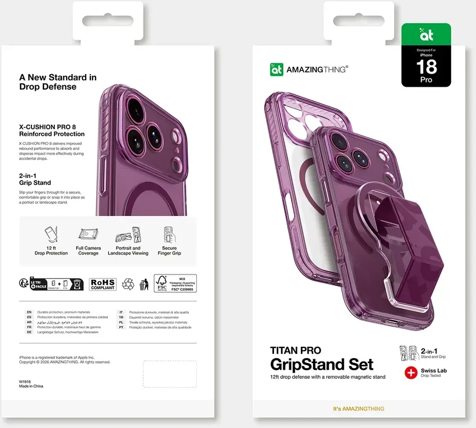 Dėklas Amazingthing Titan Pro Lens Stand Set MagSafe do iPhone 18 Pro violetinė