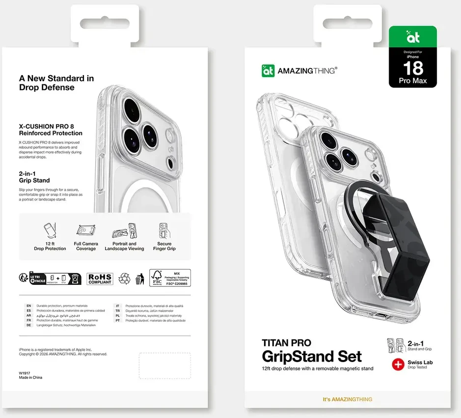 Dėklas Amazingthing Titan Pro Lens Stand Set MagSafe do iPhone 18 Pro Max permatomas