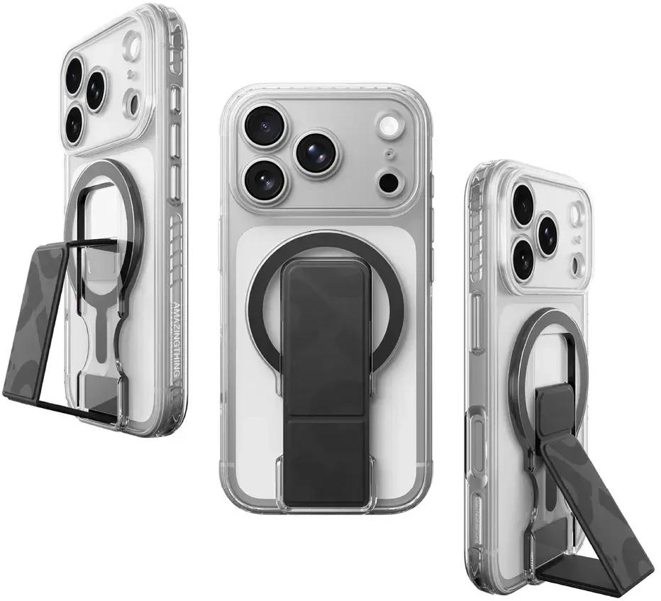 Dėklas Amazingthing Titan Pro Lens Stand Set MagSafe do iPhone 18 Pro Max permatomas