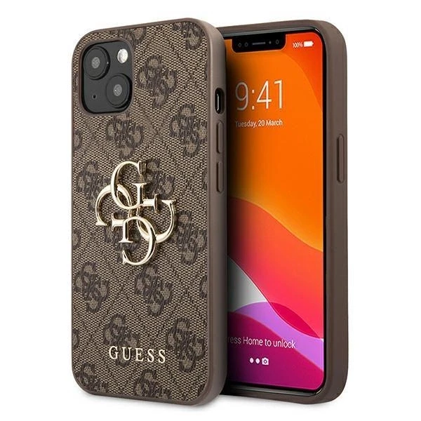 GUESS kietas dėklas 4G GUHCP13M4GMGBR iPhone 13 su dideliu meta logotipu ir rudu korpusu
