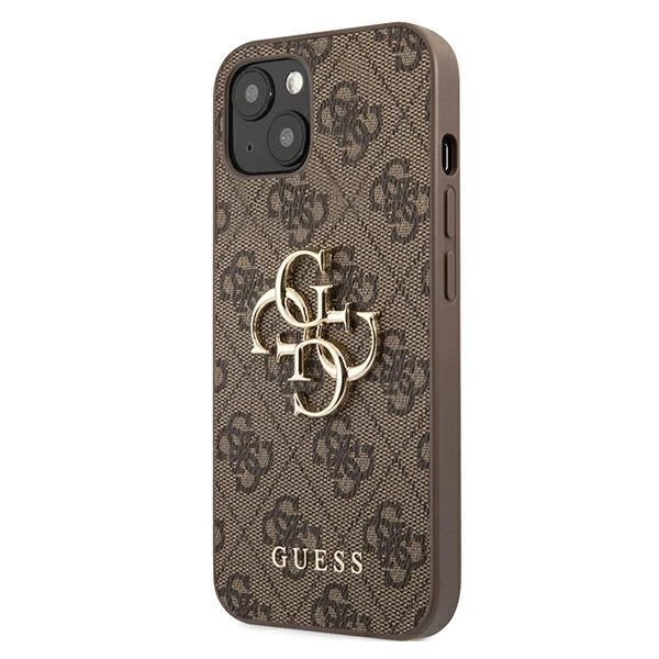 GUESS kietas dėklas 4G GUHCP13M4GMGBR iPhone 13 su dideliu meta logotipu ir rudu korpusu