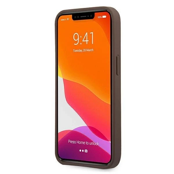 GUESS kietas dėklas 4G GUHCP13M4GMGBR iPhone 13 su dideliu meta logotipu ir rudu korpusu