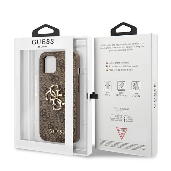 GUESS kietas dėklas 4G GUHCP13M4GMGBR iPhone 13 su dideliu meta logotipu ir rudu korpusu