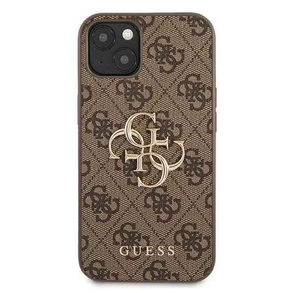 GUESS kietas dėklas 4G GUHCP13M4GMGBR iPhone 13 su dideliu meta logotipu ir rudu korpusu