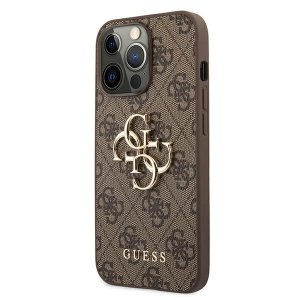 Guess PU 4G Metal Logo dėklas skirtas Apple iPhone 13 Pro Max rudos spalvos