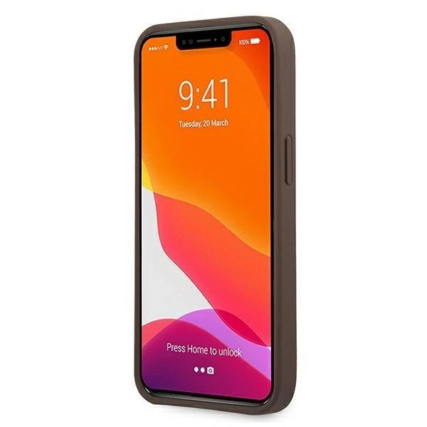 Guess PU 4G Metal Logo dėklas skirtas Apple iPhone 13 Pro Max rudos spalvos