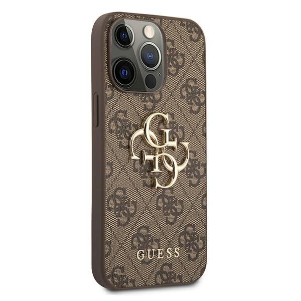Guess PU 4G Metal Logo dėklas skirtas Apple iPhone 13 Pro Max rudos spalvos