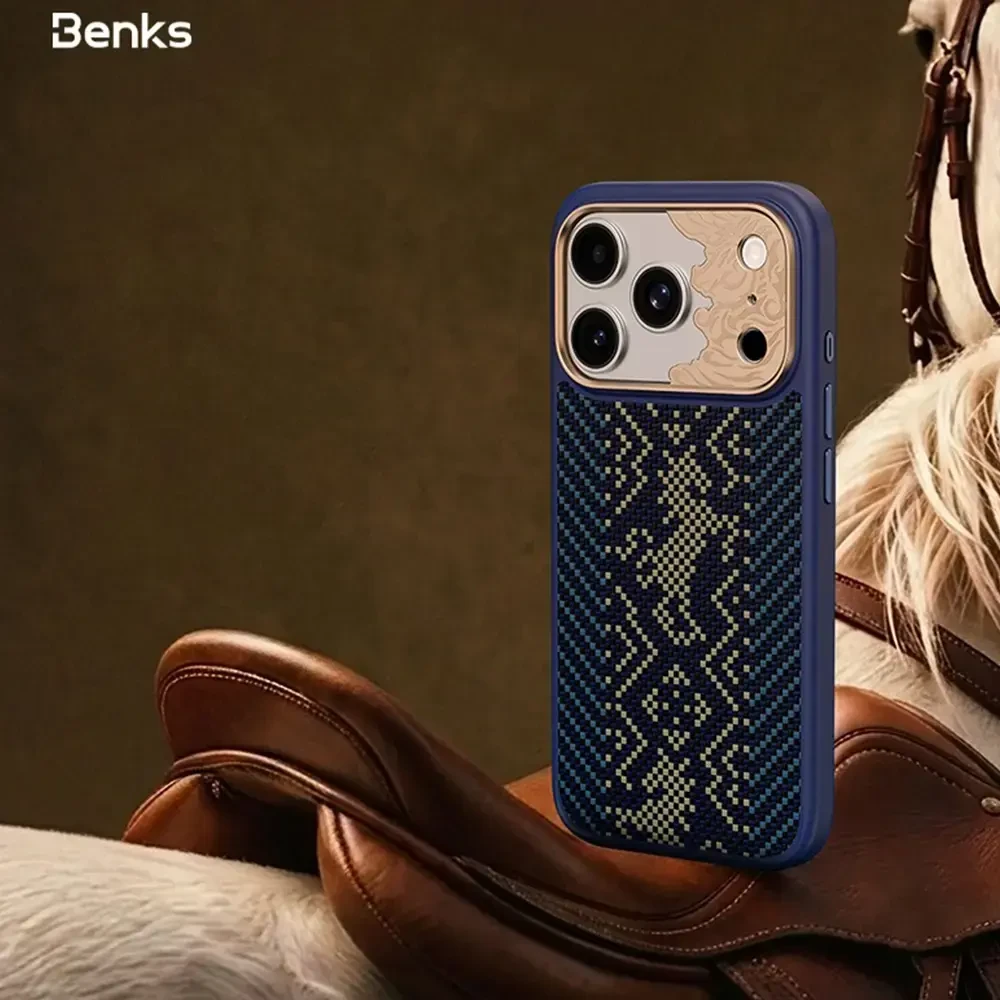 Benks Dėklas Magnetic Armor Pro Knight Kevlar Metal Frame (C.K.FL.AP.GD.BC73) do Iphone 18 Pro Max/17 Pro Max mėlyna (Camera Control Button)