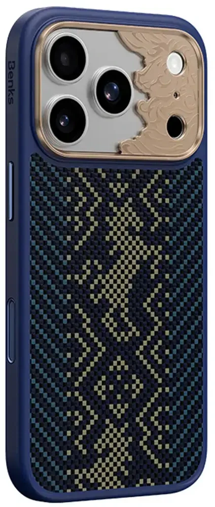Benks Dėklas Magnetic Armor Pro Knight Kevlar Metal Frame (C.K.FL.AP.GD.BC73) do Iphone 18 Pro Max/17 Pro Max mėlyna (Camera Control Button)