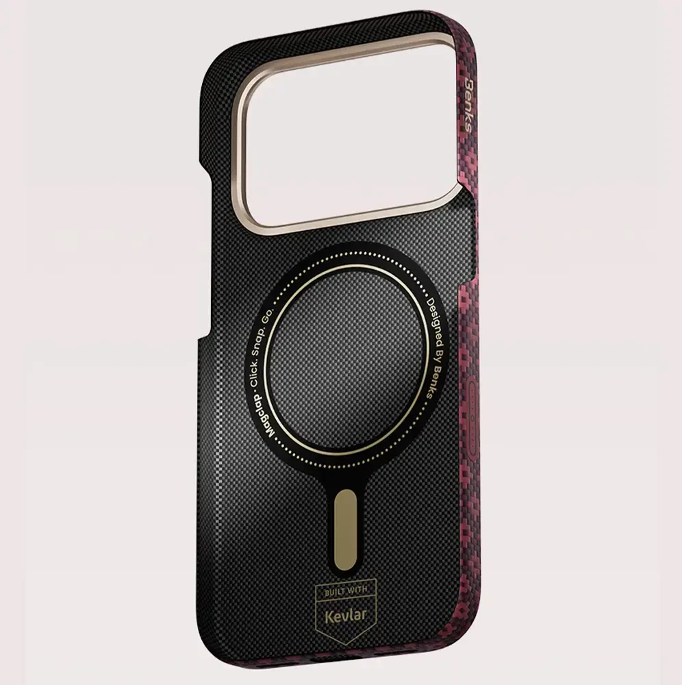 Benks dėklas Magnetic Armor Air Armor Grid Kevlar Metal Frame 600D (C.K.FL.AP.JX.0072) skirtas iPhone 18 Pro/17 Pro burgundinis
