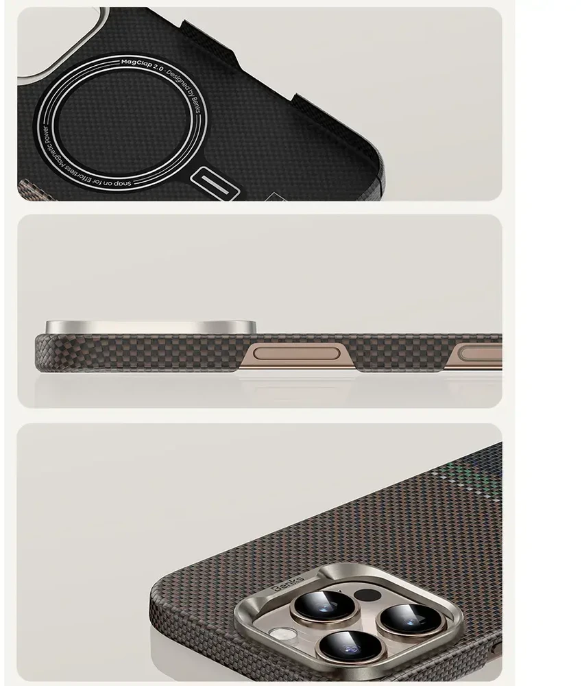 „Benks Magnetic Armor Air Prestige Kevlar 600D“ dėklas (G065), skirtas Apple iPhone 16 Pro telefonui.