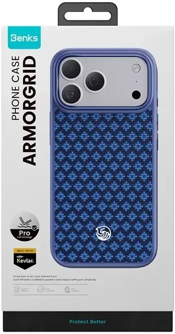 Benks Dėklas Magnetic Armor Pro Armor Grid Kevlar Metal Frame 600D (C.K.FL.AP.BE.B072) iPhone 18 Pro/17 Pro mėlynas (Camera Control Button)