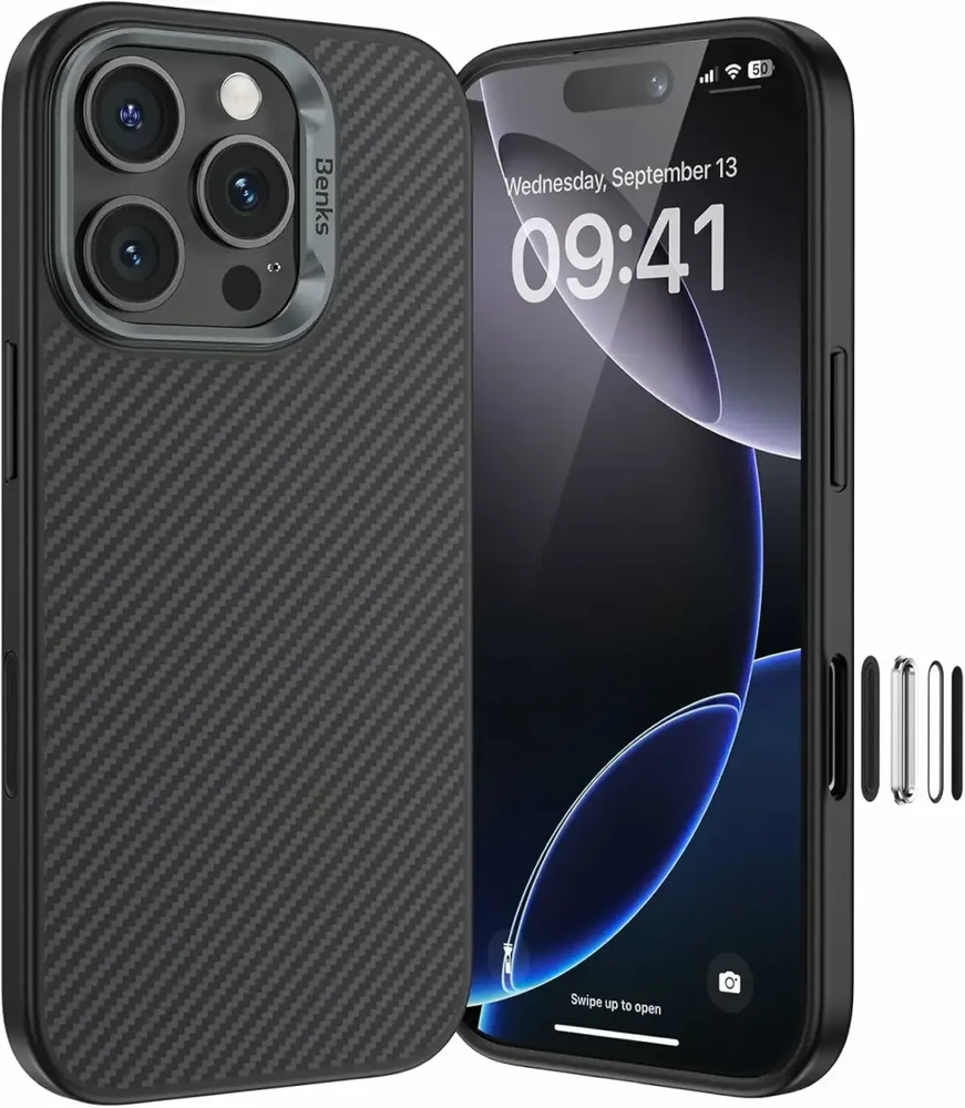 Benks Magnetic Armor Pro Camera Control Kevlar Case Metal Frame 600D (D065) Apple iPhone 16 Pro dėklas telefonui juodos spalvos