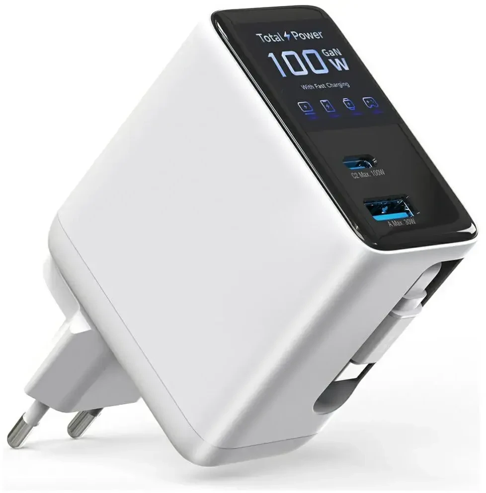 Įkroviklis jungiama į tinklą 4smarts GaN Flex Screen AI 100W 2xUSB-C + USB-A balta