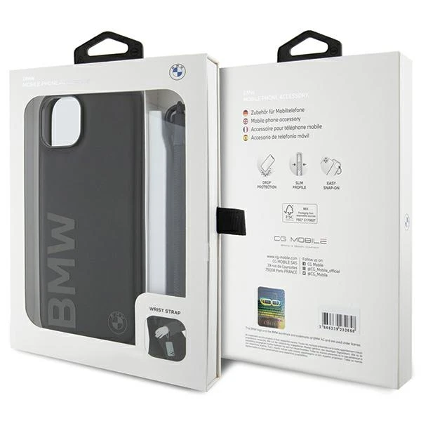 Dėklas BMW BMHCP15S23RMRLK iPhone 15 14 13 6,1" juodos spalvos kietas dėklas Signature Leather Wordmark Cord