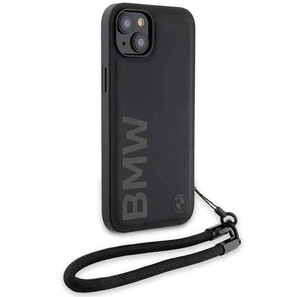 Dėklas BMW BMHCP15S23RMRLK iPhone 15 14 13 6,1" juodos spalvos kietas dėklas Signature Leather Wordmark Cord
