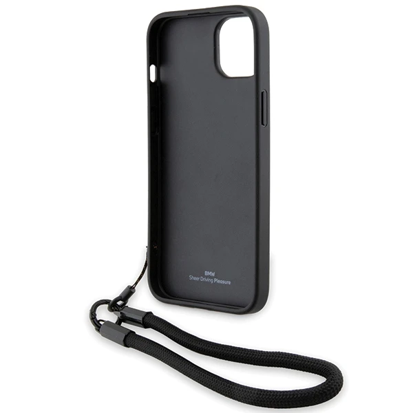Dėklas BMW BMHCP15S23RMRLK iPhone 15 14 13 6,1" juodos spalvos kietas dėklas Signature Leather Wordmark Cord