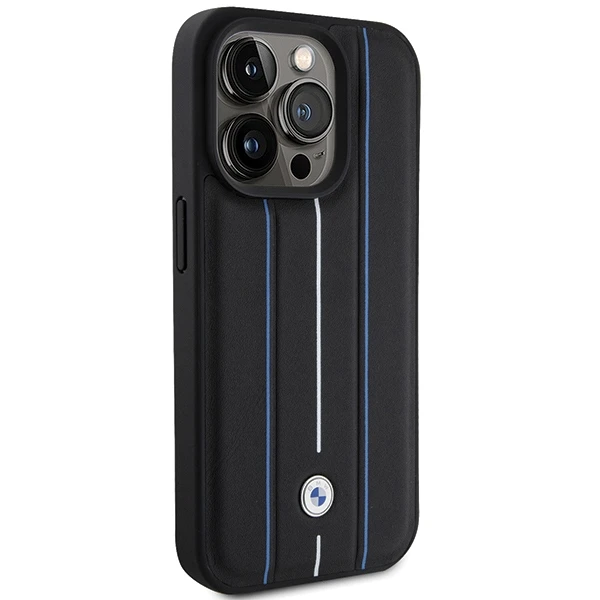 Dėklas BMW Leather Stamp Mėlyna Line Case for iPhone 15 Pro Max - Juodas