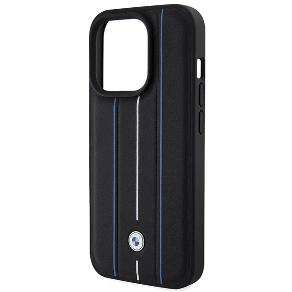 Dėklas BMW Leather Stamp Mėlyna Line Case for iPhone 15 Pro Max - Juodas