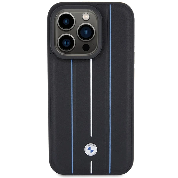 Dėklas BMW Leather Stamp Mėlyna Line Case for iPhone 15 Pro Max - Juodas