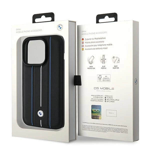 Dėklas BMW Leather Stamp Mėlyna Line Case for iPhone 15 Pro Max - Juodas