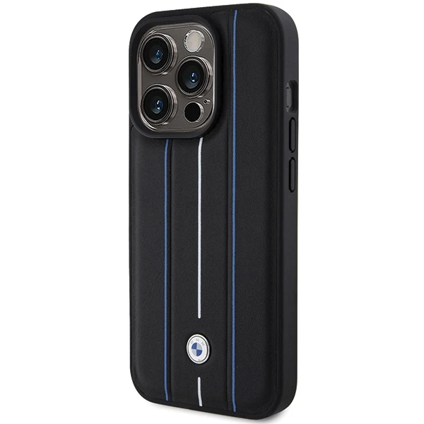 Dėklas BMW Leather Stamp Mėlyna Line Case for iPhone 15 Pro Max - Juodas