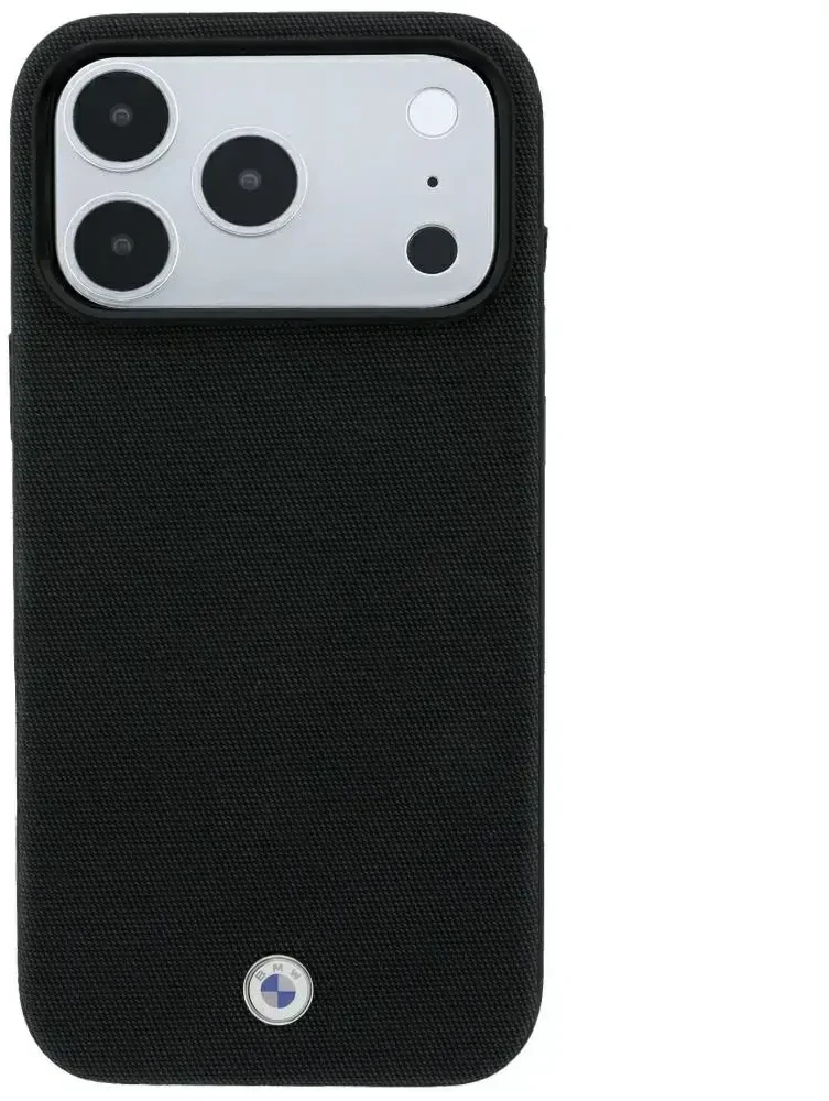 BMW Kevlar Metal Logo MagSafe dėklas, skirtas iPhone 18 Pro / 17 Pro, juodas