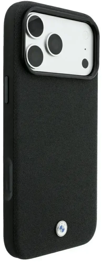 BMW Kevlar Metal Logo MagSafe dėklas, skirtas iPhone 18 Pro / 17 Pro, juodas