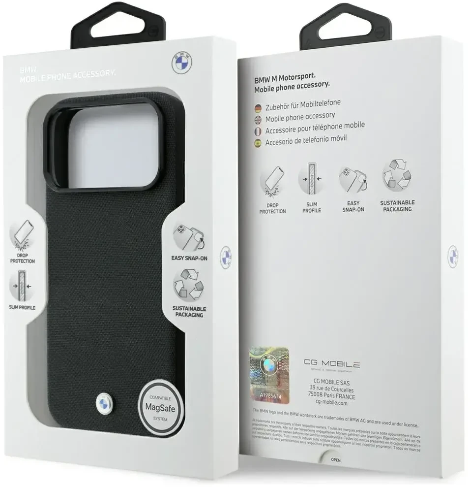 BMW Kevlar Metal Logo MagSafe dėklas, skirtas iPhone 18 Pro / 17 Pro, juodas