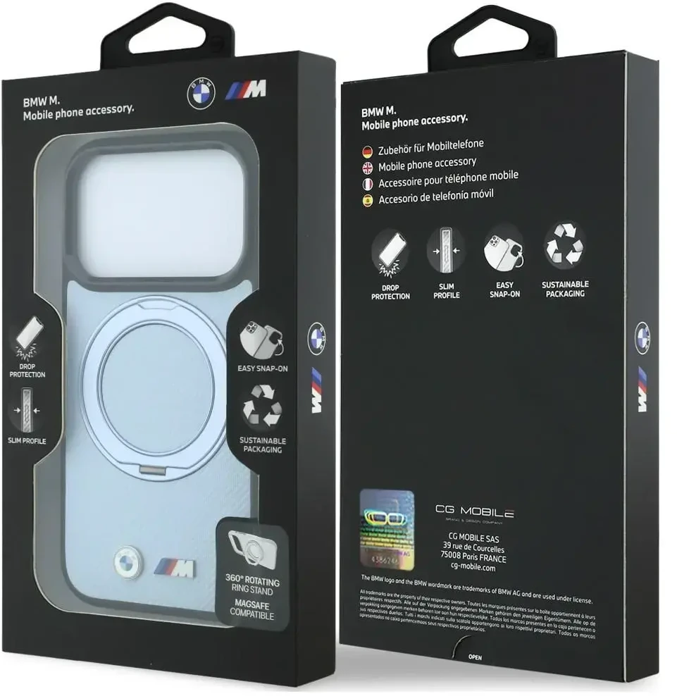 Dėklas BMW Kevlar Ring Stand 360 MagSafe do iPhone 18 Pro Max / 17 Pro Max mėlyna