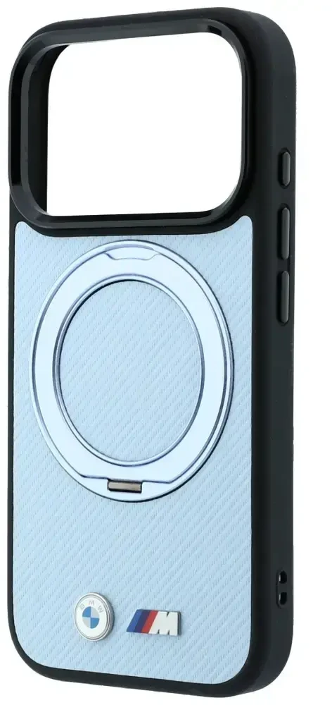 Dėklas BMW Kevlar Ring Stand 360 MagSafe do iPhone 18 Pro Max / 17 Pro Max mėlyna