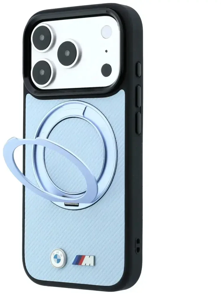 Dėklas BMW Kevlar Ring Stand 360 MagSafe do iPhone 18 Pro / 17 Pro mėlyna