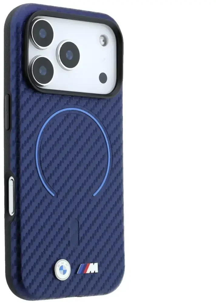Dėklas BMW M Carbon Printed Ring MagSafe do iPhone 18 Pro / 17 Pro tamsiai mėlyna