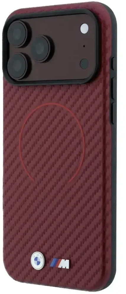 Dėklas BMW M Carbon Printed Ring MagSafe do iPhone 18 Pro / 17 Pro bordo spalvos