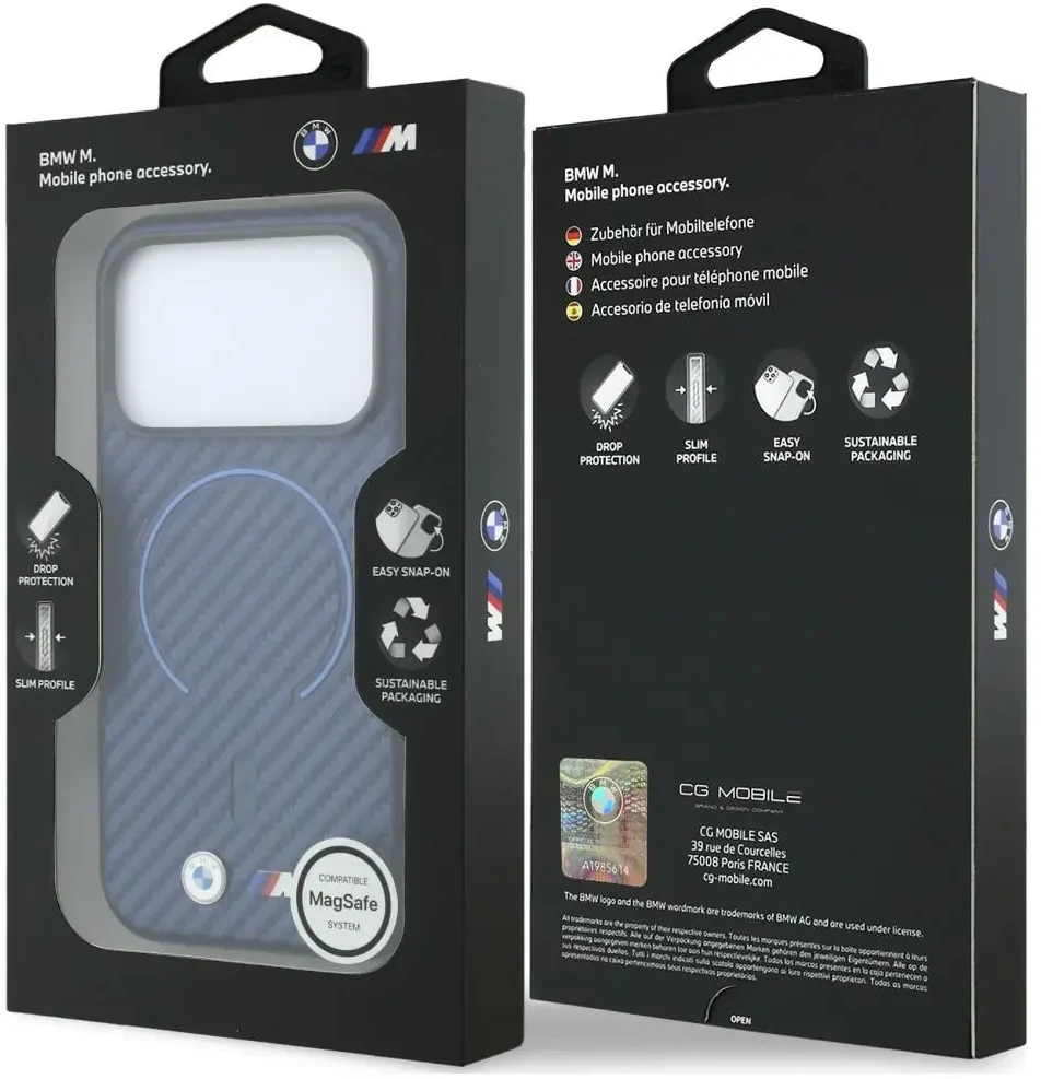 Dėklas BMW M Carbon Printed Ring MagSafe do iPhone 18 Pro / 17 Pro tamsiai mėlyna