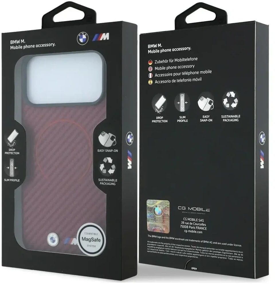 Dėklas BMW M Carbon Printed Ring MagSafe do iPhone 18 Pro / 17 Pro bordo spalvos