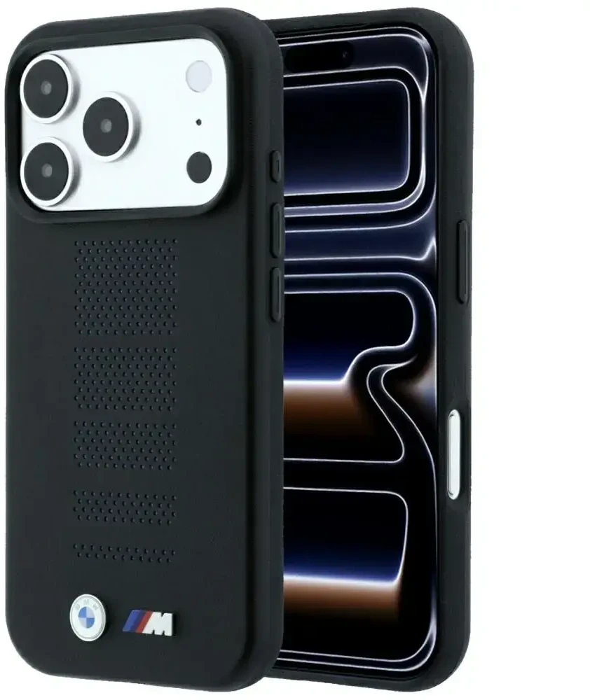 BMW M Mėlyna Perfo metalinis logotipas MagSafe dėklas, skirtas iPhone 18 Pro Max / 17 Pro Max, juodas